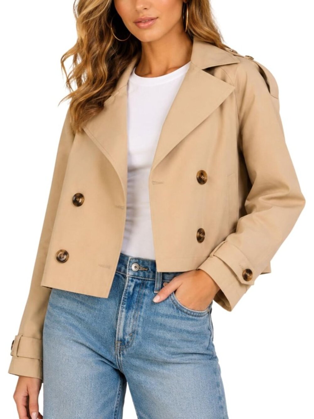 Women's Camel Oversized Cropped Lapel Classic Double Breasted Trench Jacket
